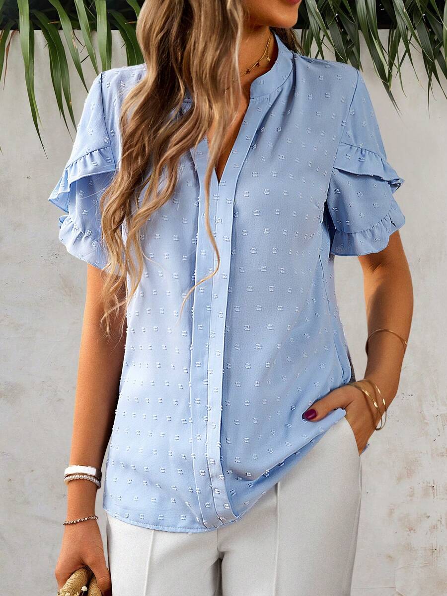 SHEIN LUNE Swiss Dot Ruffle Trim Petal Sleeve Popover Blouse