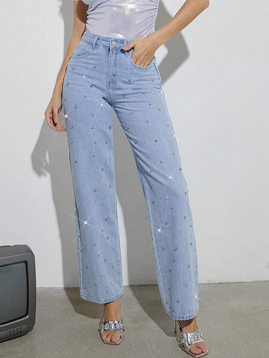 Denimoi Fall Women Clothes, Blue Wide-Leg '90s Jeans With Rhinestone, Denim, Casual Wear. For Everyday Wear, Going Out, Concerts, Festivals,Party