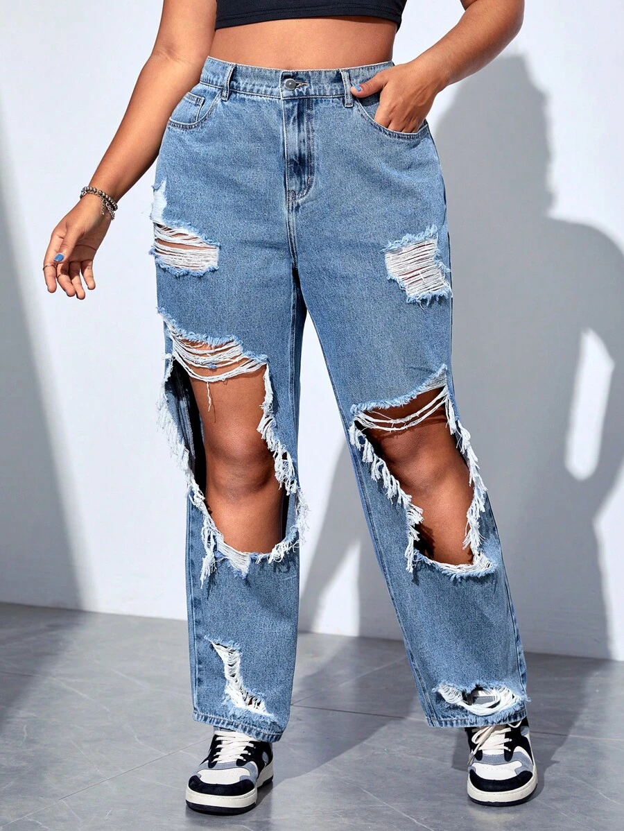 SHEIN ICON Plus High Waist Ripped Cut Out Jeans