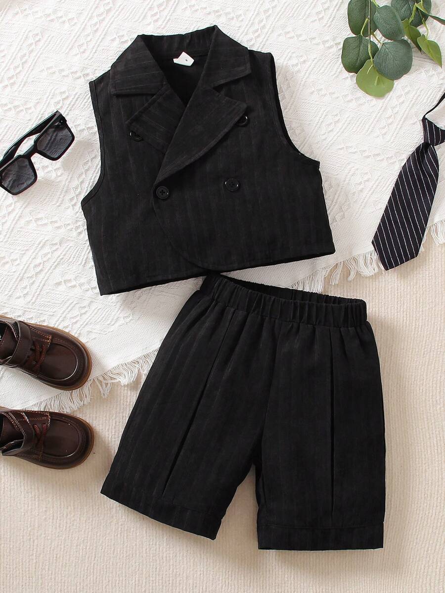 SHEIN Young Boy Double Button Lapel Neck Vest Jacket & Shorts