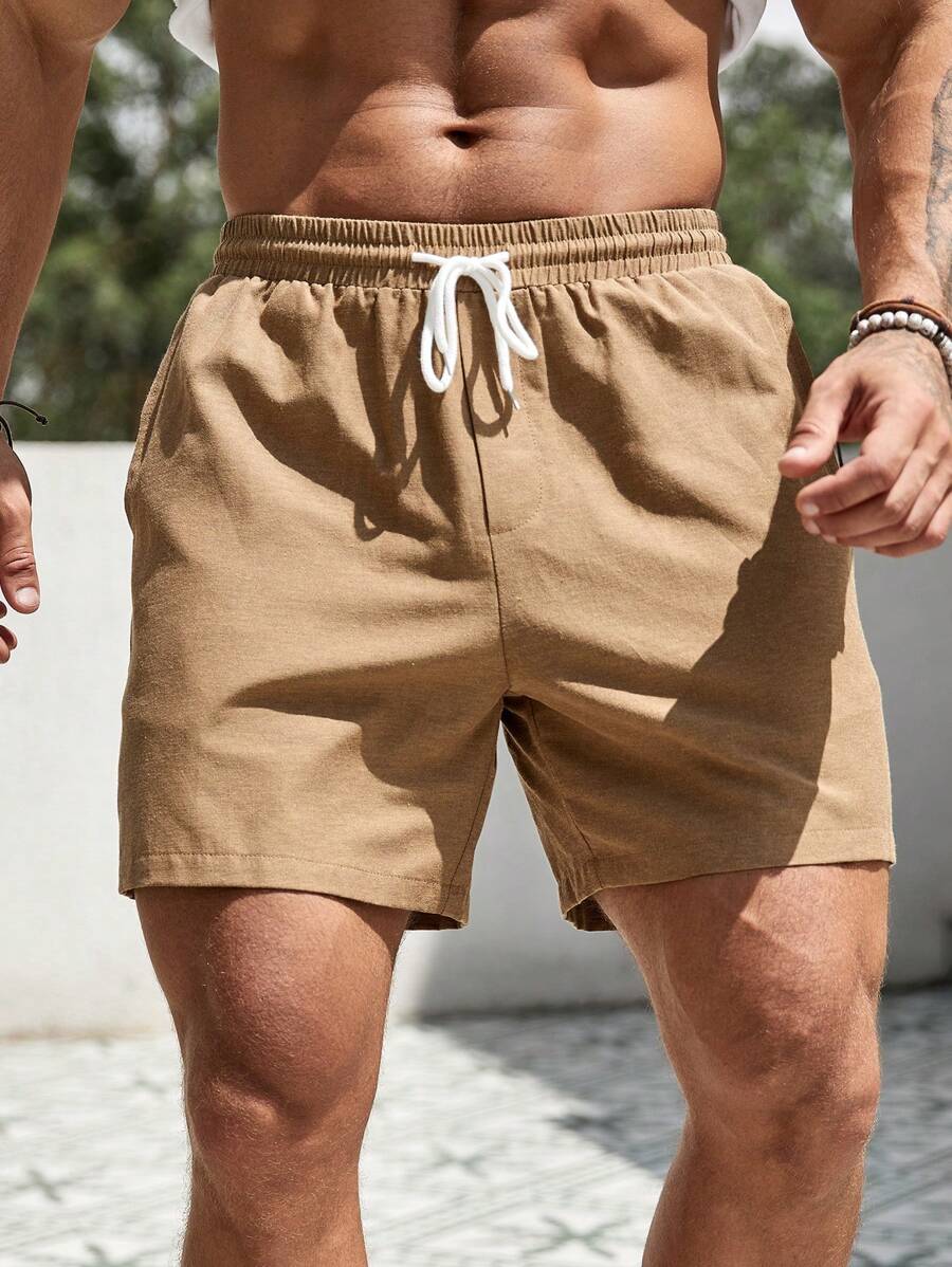 Manfinity Homme Men Drawstring Waist Shorts Sweat Plain Khaki Going Out Basic