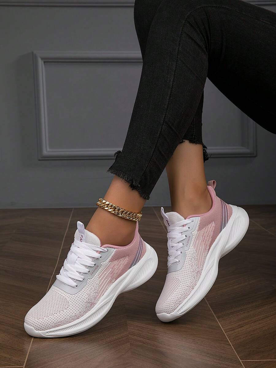 Women's Casual Lace-Up Running Shoes, Non-Slip, Breathable, Comfortable, Shock-Absorbing, Suitable For Driving, Walking And Sports, Color-Blocked, All Seasons