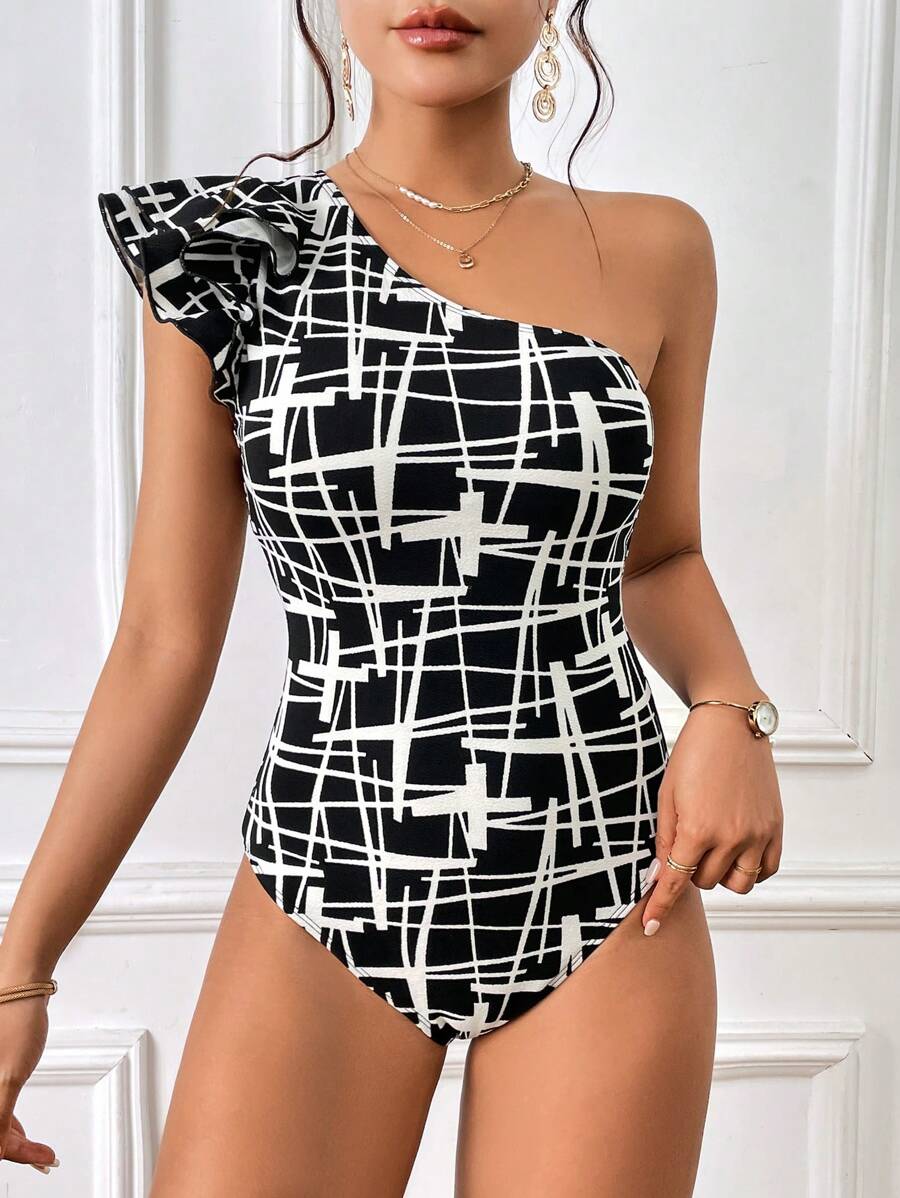 SHEIN Privé Allover Print One Shoulder Ruffle Trim Bodysuit