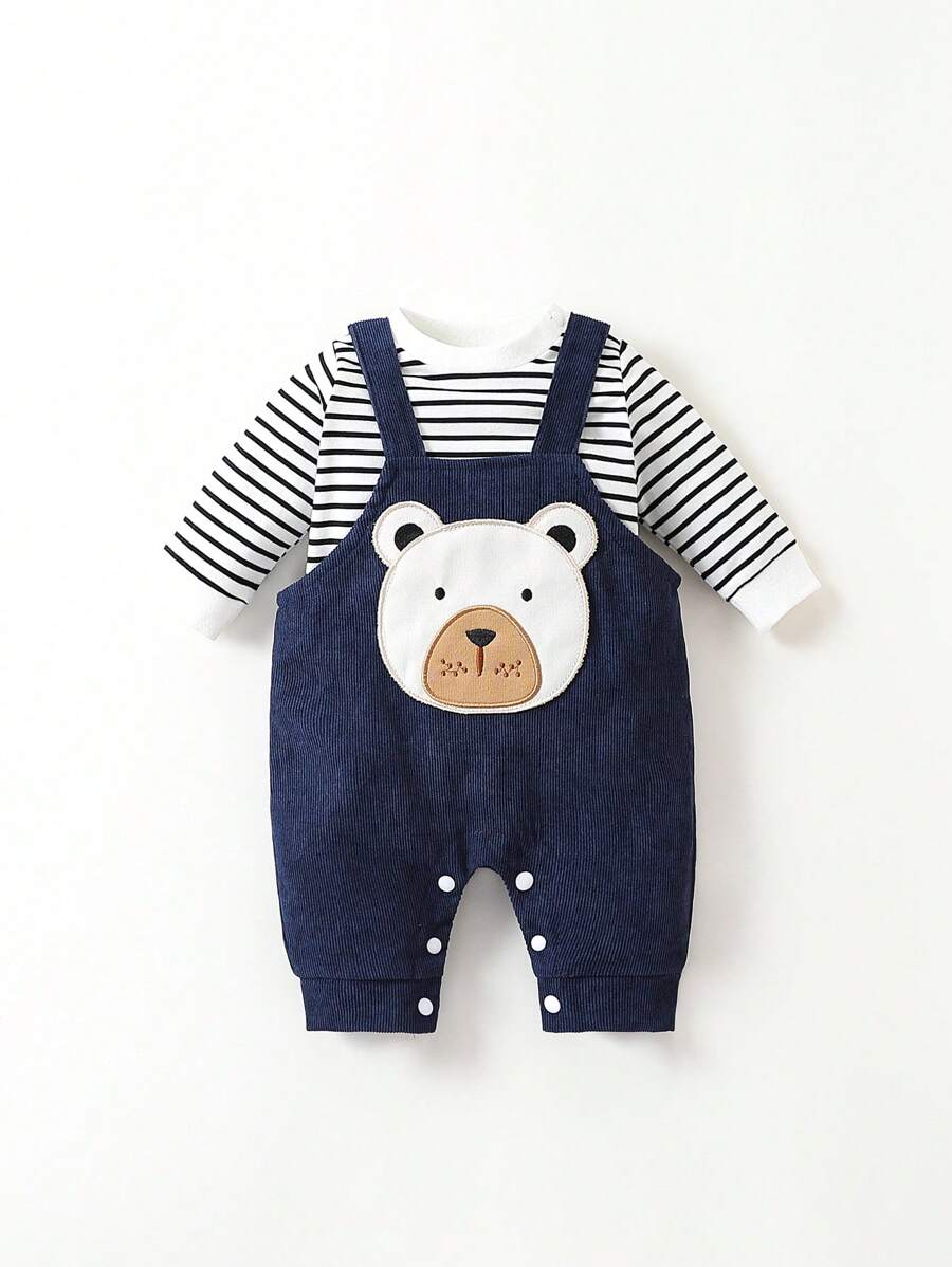 SHEIN Persoplay Kids Da Neonato righe Maglietta & con ricamo fumetto 3D orecchio Salopette