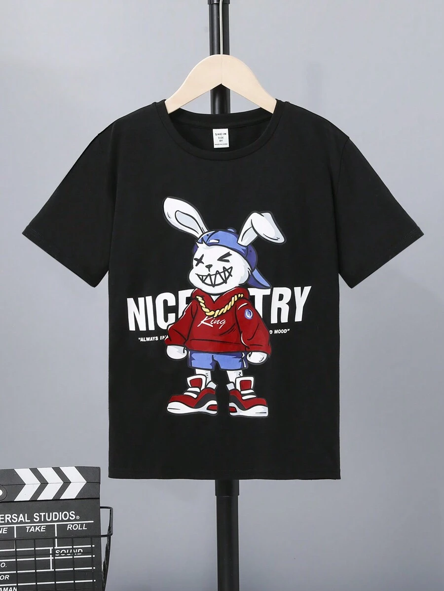 SHEIN Cooles und lustiges Jungen-T-Shirt mit Kaninchenmuster, lockere Passform und tief angesetzter Schulterpartie