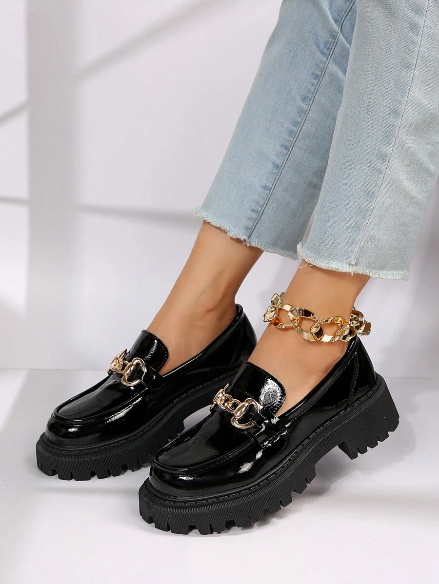 Women's Round Toe Platform Retro Oxford Shoes With Metal Chain Decor, Low-Top Slip-On Casual Loafers, Spring/Fall Daily Wear Comfortable Heeled Shoes