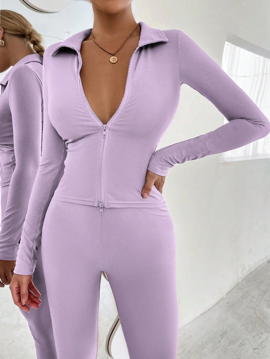 Chiquease Zip Up Ribbed Knit Jacket & Leggings
