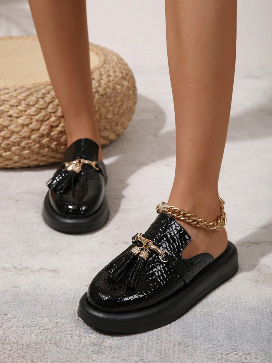 Mujer con diseño de fleco con cocodrilo en relieve Mules planos , elegante verano Zapatos planos