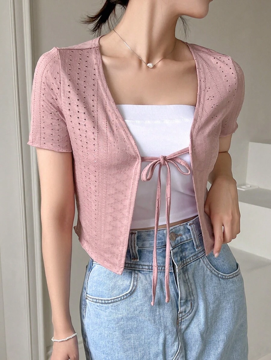 DAZY Eyelet Embroidery Tie Front Crop Top Without Tube Top