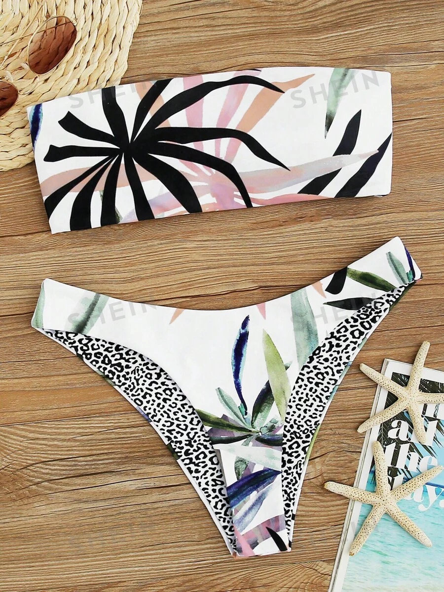 Shein Swim Tropical Bandeau Con Cheeky Set De Bikini Mode De Mujer Shein Espa A