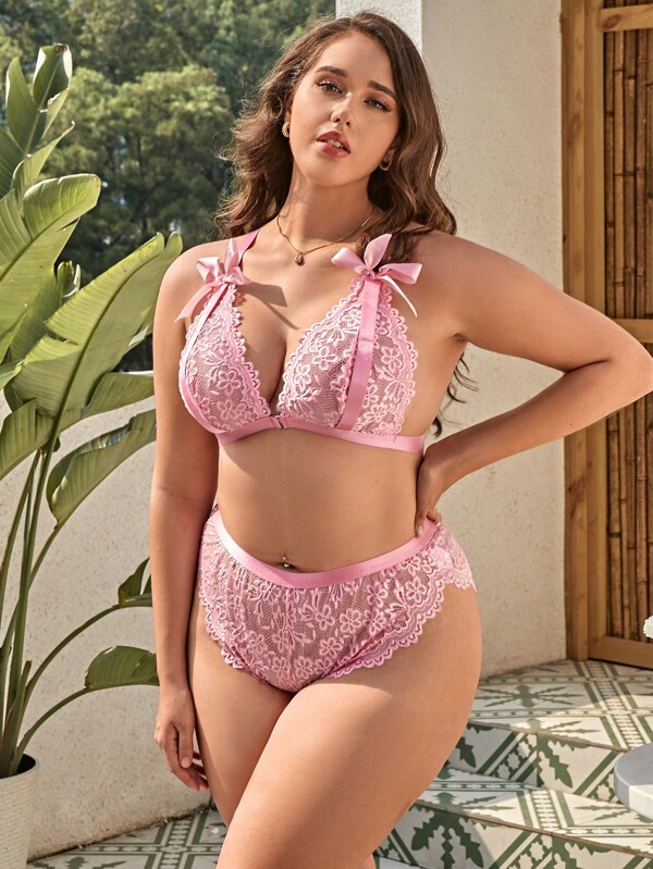 Classic Sexy Plus Floral Lace Bow Front Lingerie Set Shein Usa