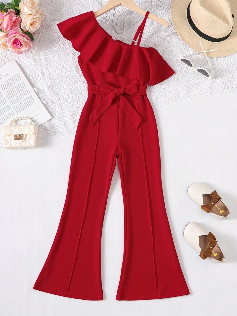 SHEIN Jumpsuit für Tween Mädchen mit asymmetrischem Ausschnitt, Rüschenbesatz, Gürtel und ausgestelltem Bein