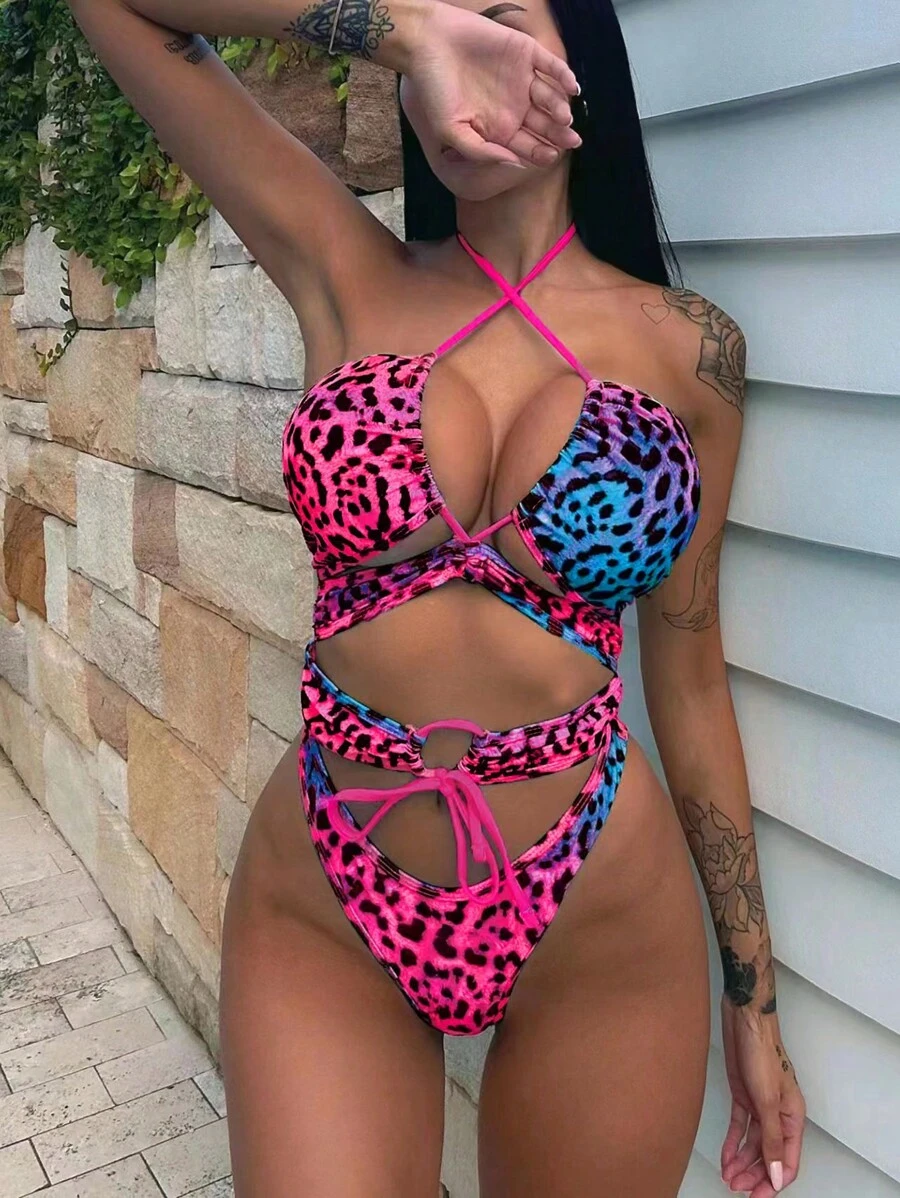 BamGleam Summer Beach Cut-Out Lace Up Halter One Piece Swimsuit