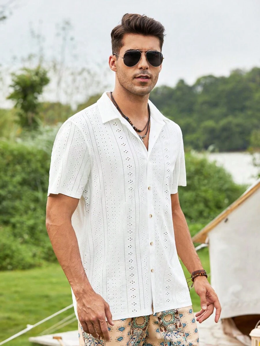 Manfinity Homme Men Eyelet Embroidery Button Up Short Sleeve Collar Plain White Boho Shirt For Dad & Boyfriend Gift