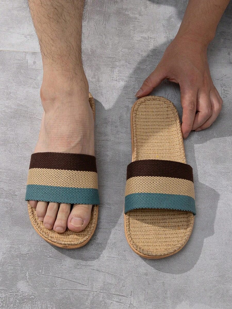 Men Color Block Single Band Bedroom Slippers, Casual Summer Fabric Slippers