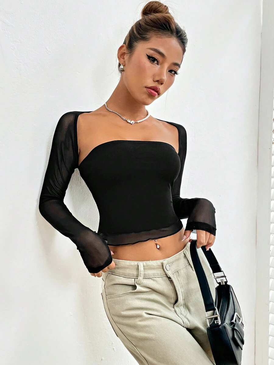 SHEIN EZwear Black Summer Tops Contrast Mesh Square Neck Crop Top
