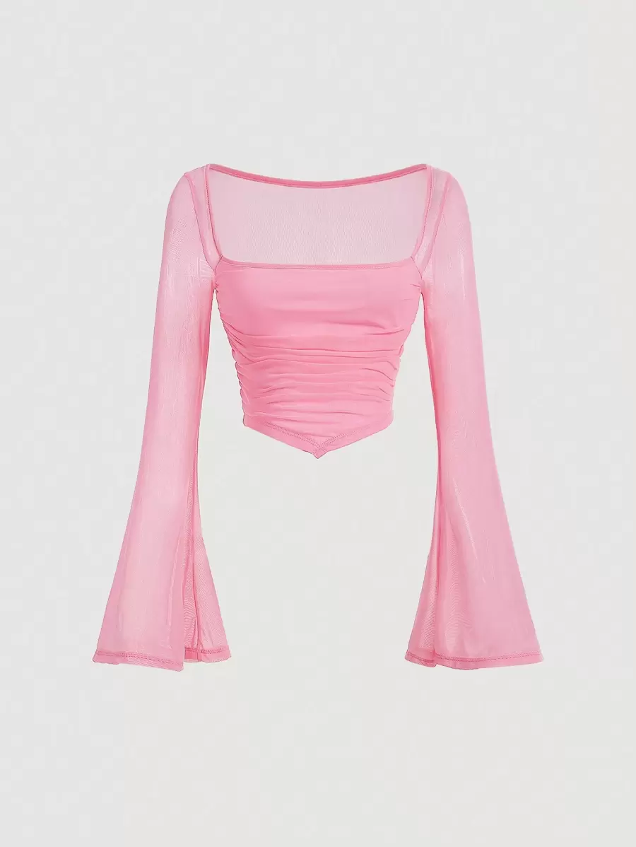 SHEIN MOD Romantic Pink Square Neck Trumpet Sleeve Ruched Hanky Hem Tee