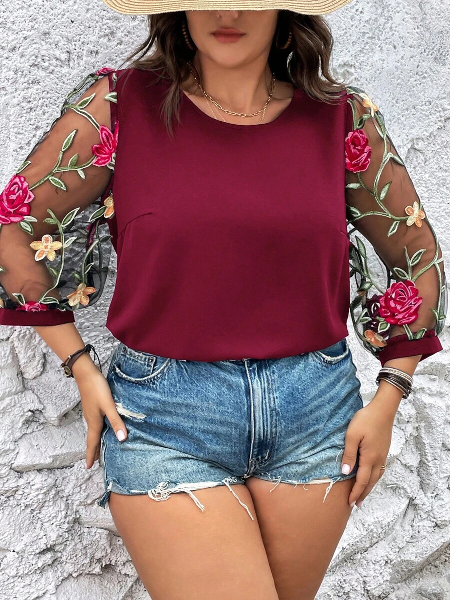 SHEIN LUNE Plus Floral Embroidery Mesh Lantern Sleeve Blouse