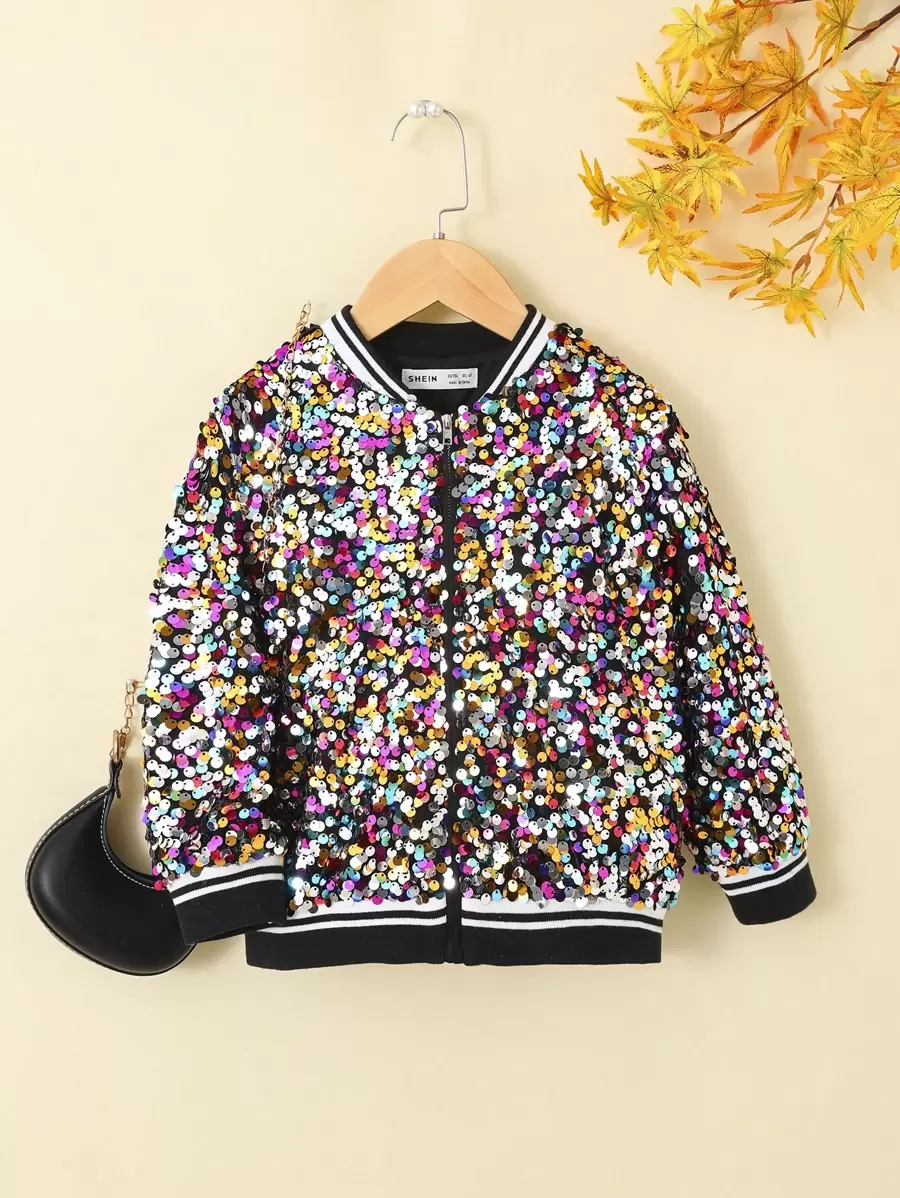 SHEIN Young Girl Sequin Zip Up Bomber Jacket