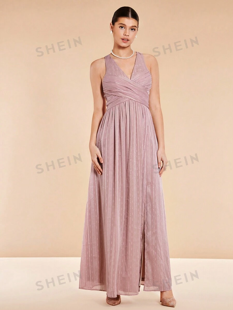 SHEIN Belle Vestido de dama de honor de cuello cruzado bajo con abertura