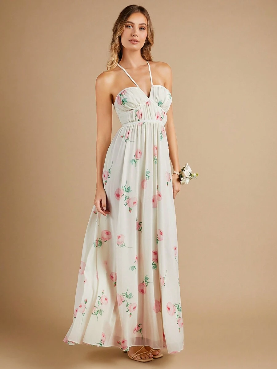 SHEIN Belle Bloemenprint Binding zonder rug Halternek Chiffon Bruidsmeisjes Jurk