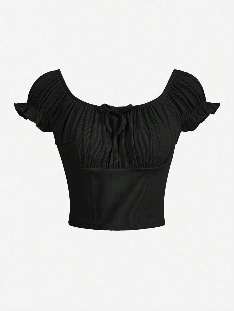 SHEIN Teen Girls Ruched Bust Tie Front Frill Trim Puff Sleeve Tee