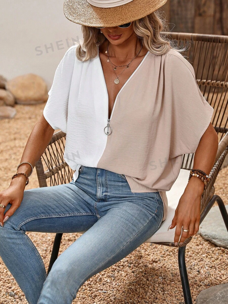 SHEIN LUNE Blusa de dos tonos de manga murciélago con diseño de aro O