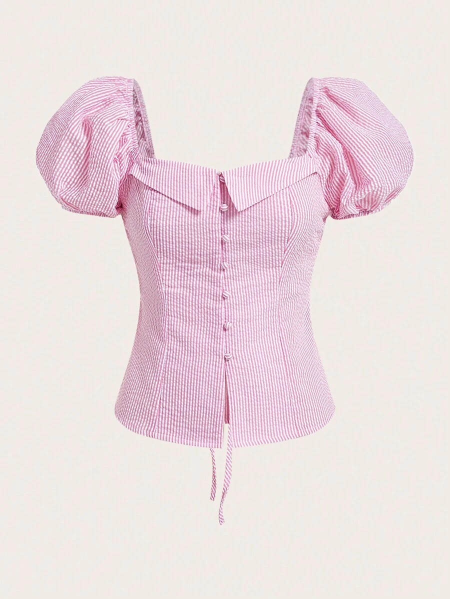 COSMINA Striped Puff Sleeve Button Front Blouse