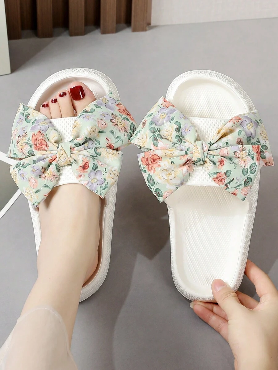 de mujeres de moda Zapatillas con pequeño con estampado de flor con lazo Decoración