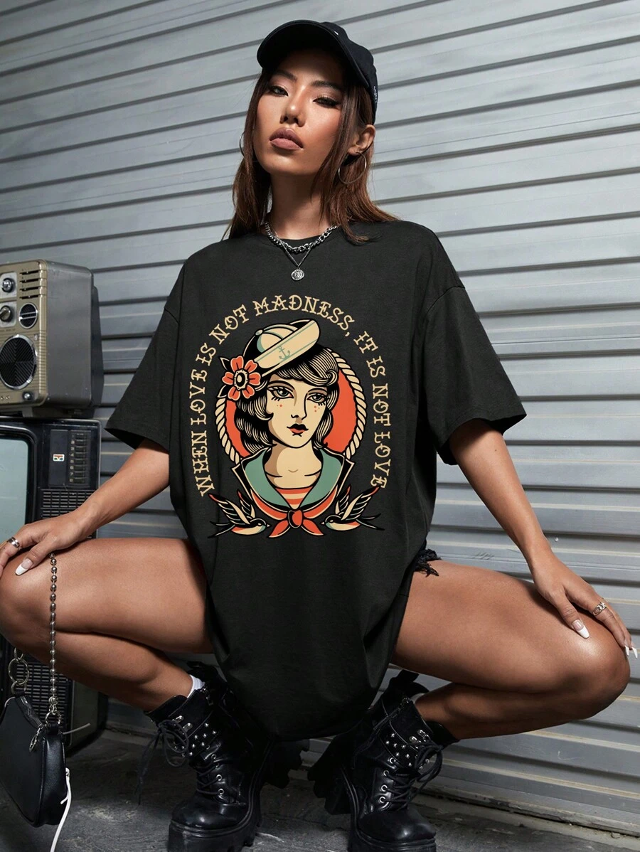 Afdhal Studio Artist Dark Figure & Slogan Graphic Drop Shoulder Oversize Tee Dress Outfit, For Summer, 100% Cotton, For Holiday, Party, Vacation, Birthday Outfits, Beach, Festival, Ibiza Fits, Prom Dress, Western Wear