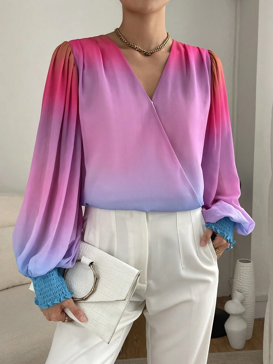 SHEIN Privé Blouse Imprimé Dégradé Manches Bouffantes Col Surplis