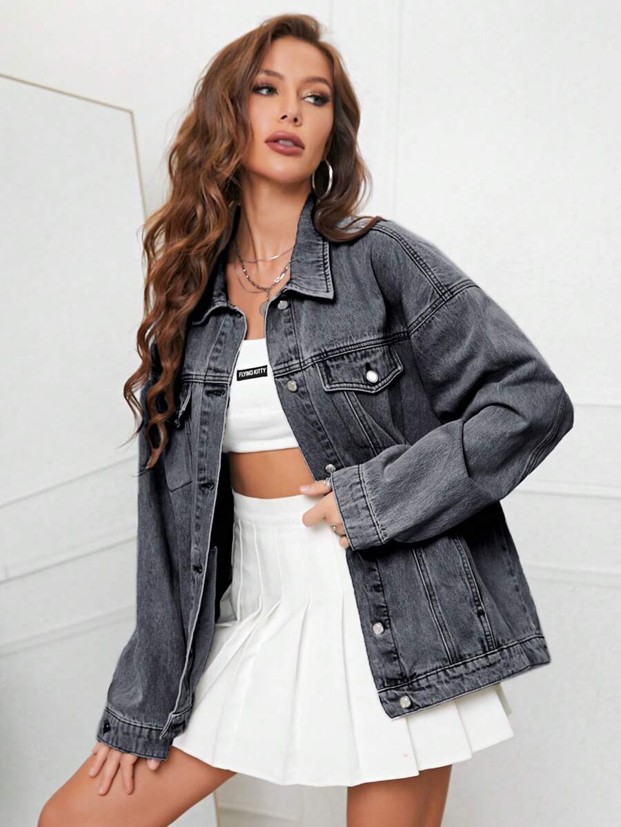 Flap Pocket Drop Shoulder Denim Jacket