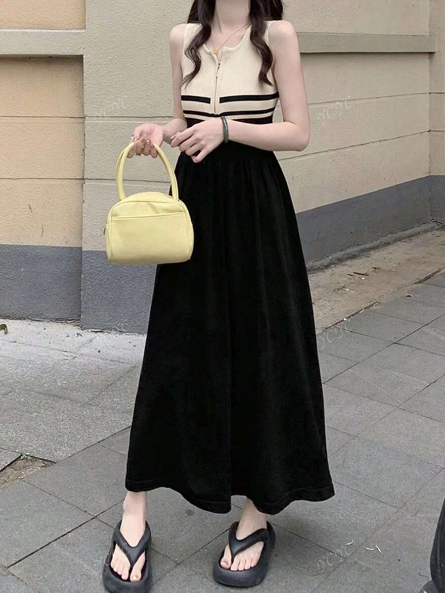 Summer Contrast Color Round Neck Zipper Sleeveless Knitted Dress
