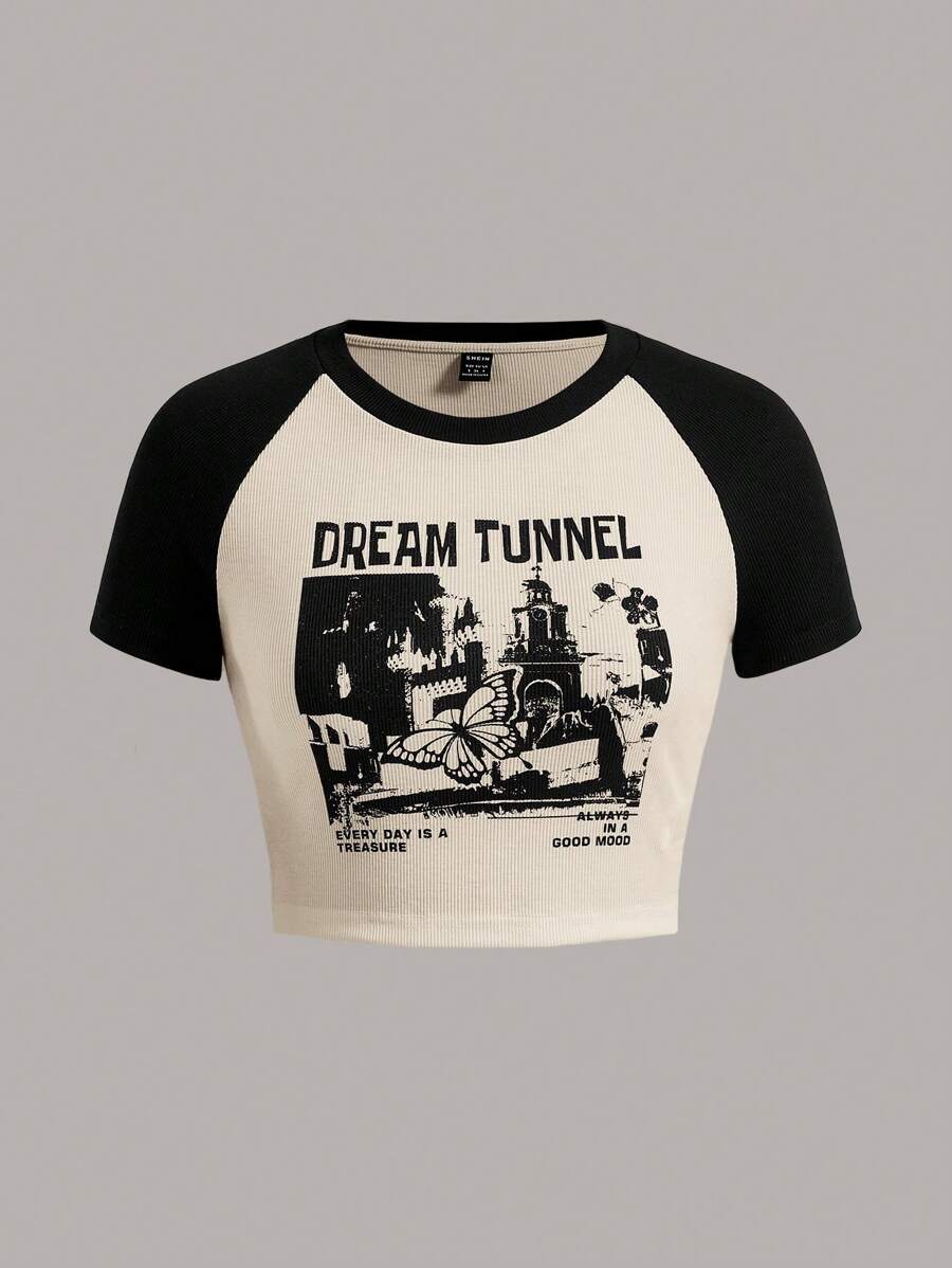 SHEIN EZwear Butterfly And Monogram Raglan Sleeve Colorblock Cropped T-Shirt DREAM TUNNEL EVERY DAY IS A TREASURE ALWAYS IN A GOOD MOOD