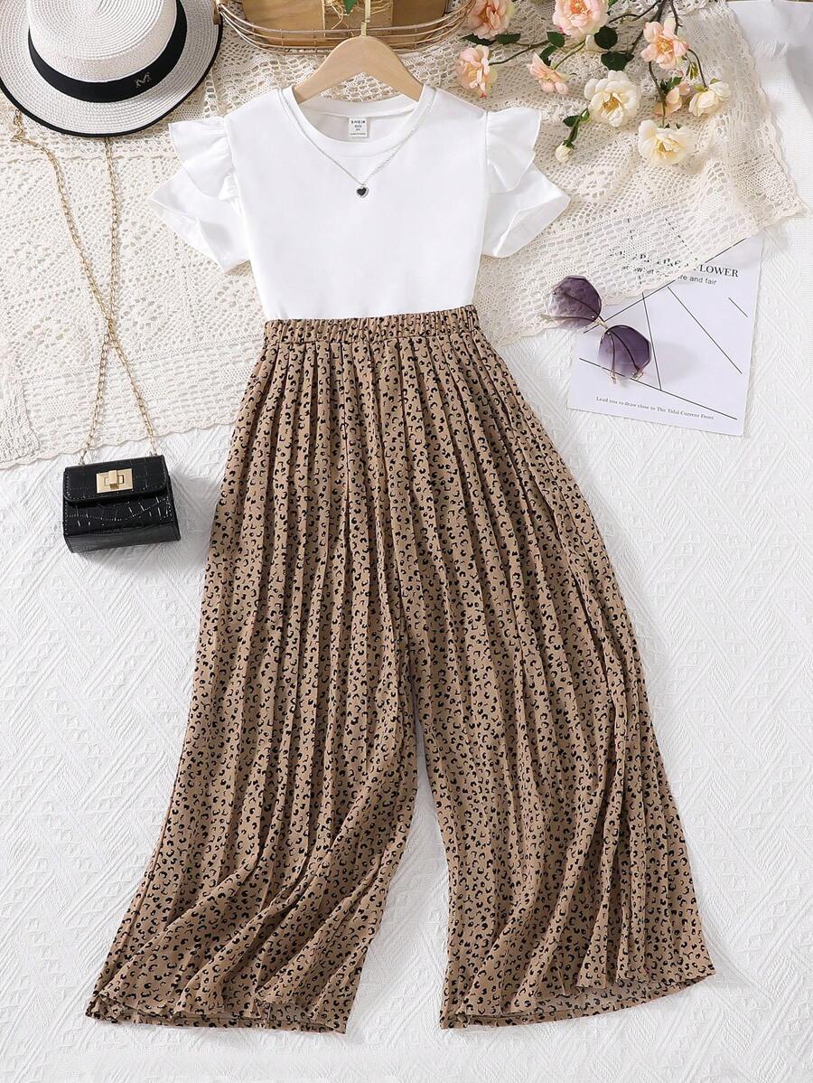 SHEIN Tween Girl Ruffle Trim Tee & Dalmatian Print Wide Leg Pants