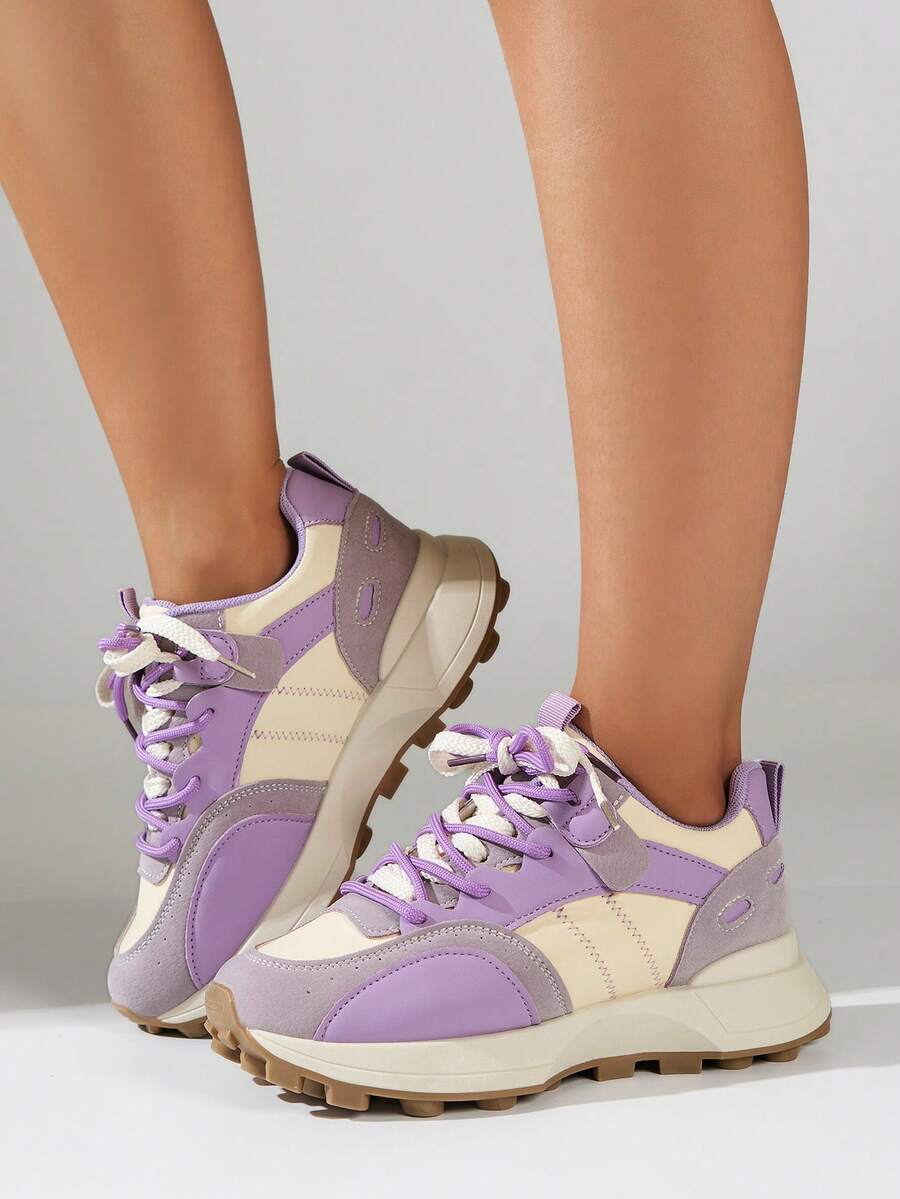 Women Colorblock Lace-up Front Chunky Sneakers, Sporty Sneakers