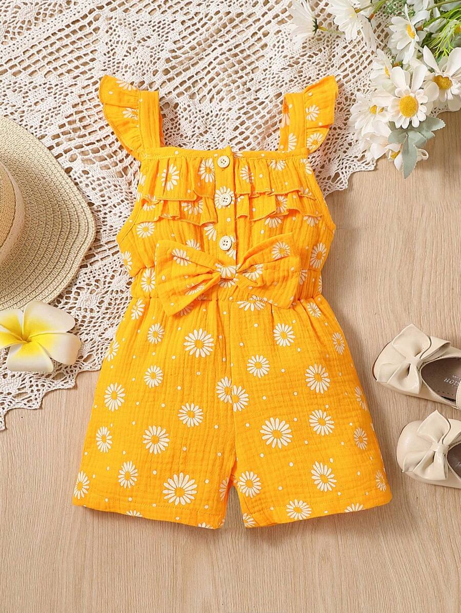 Ranmper casual para niñas jóvenes con estampado de margaritas y mangas cortas, ideal para el verano
