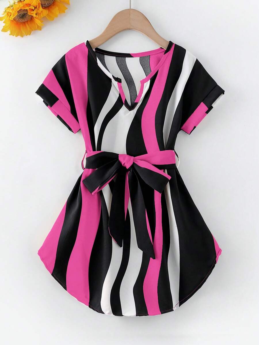 SHEIN Young Girl Colorblock Notched Neckline Belted Dress