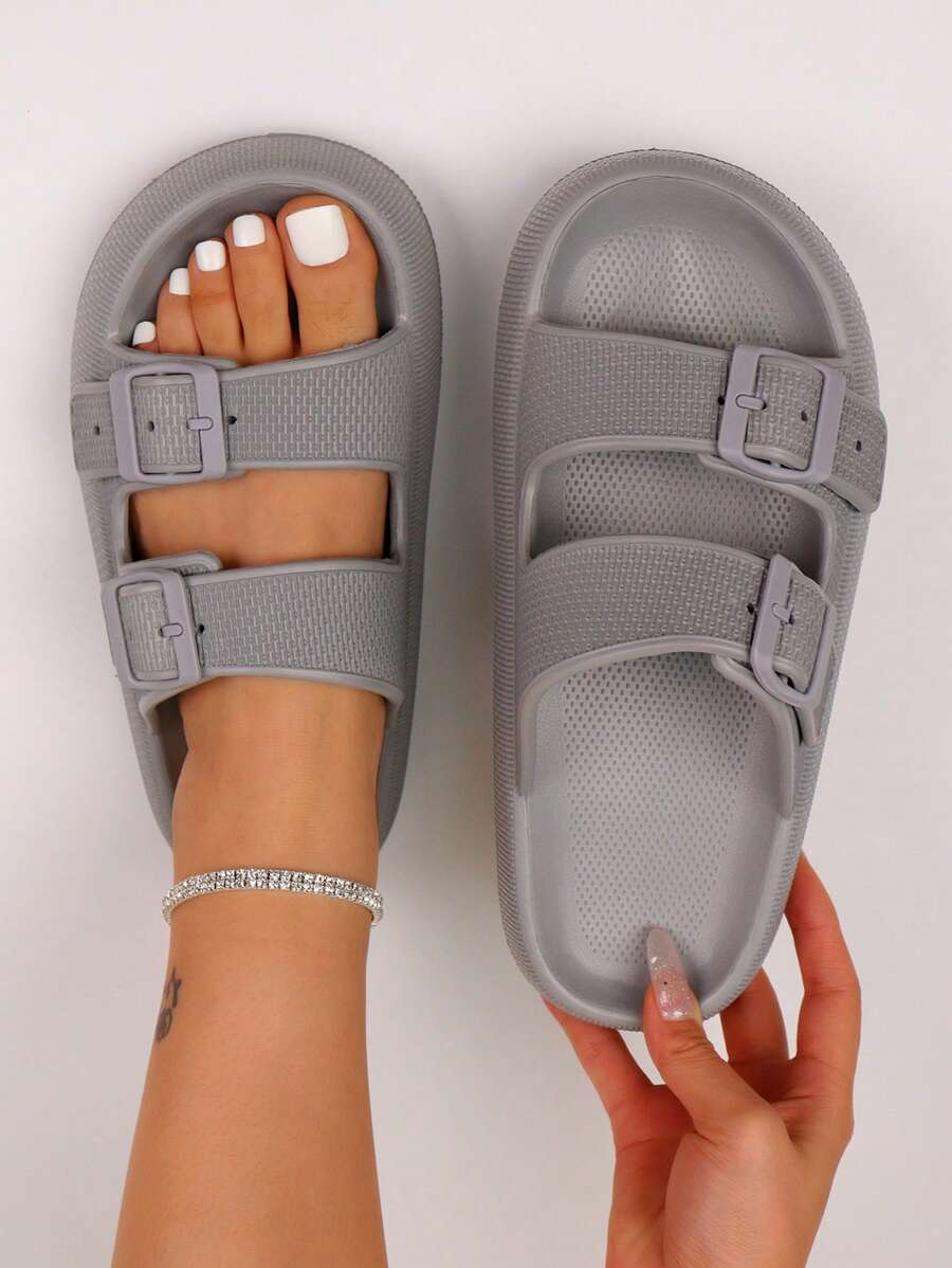 pueenb Women Buckle Decor Slippers, Fashionable Grey EVA Slides For Indoor