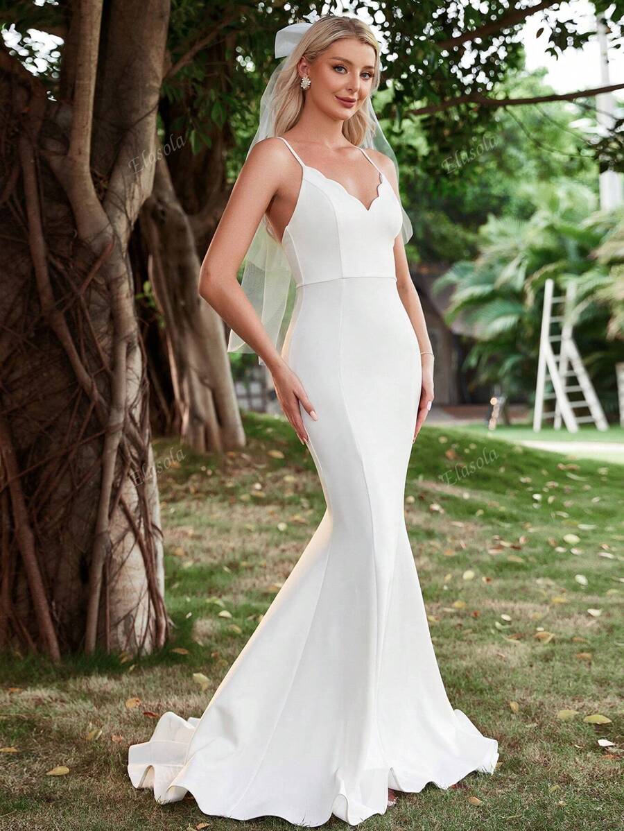 Elasola Vestito da sposa elegante bianco senza velo con orlo a coda di sirena