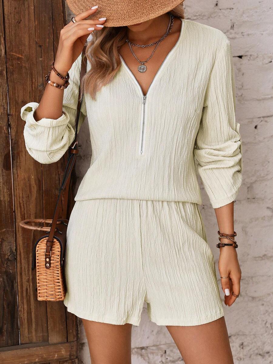 SHEIN LUNE Half Zip Roll Tab Sleeve Blouse & Shorts