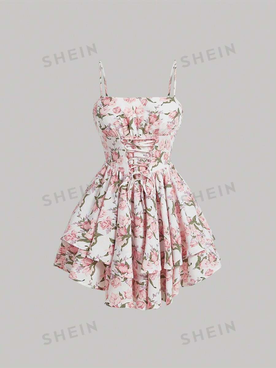SHEIN MOD Vestido Corto De Tirantes De Verano Con Diseño De Flores Y Escote Delantero Con Cordones Y Detalle Fruncido En El Busto