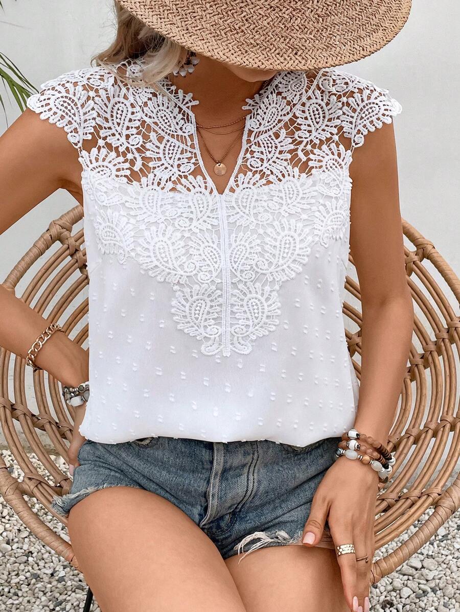 SHEIN Frenchy Swiss Dot Contrast Guipure Lace Notched Neck Blouse