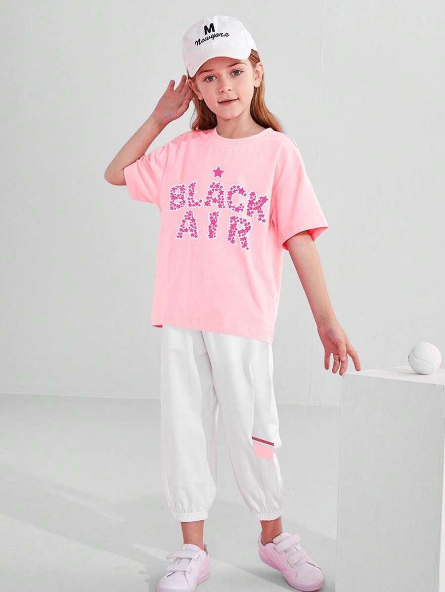 Chica adolescente Set Camiseta de hombros caídos con estampado de letra con pantalones