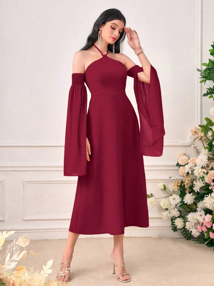 Modelyn Cold Shoulder Split Sleeve Halter Dress