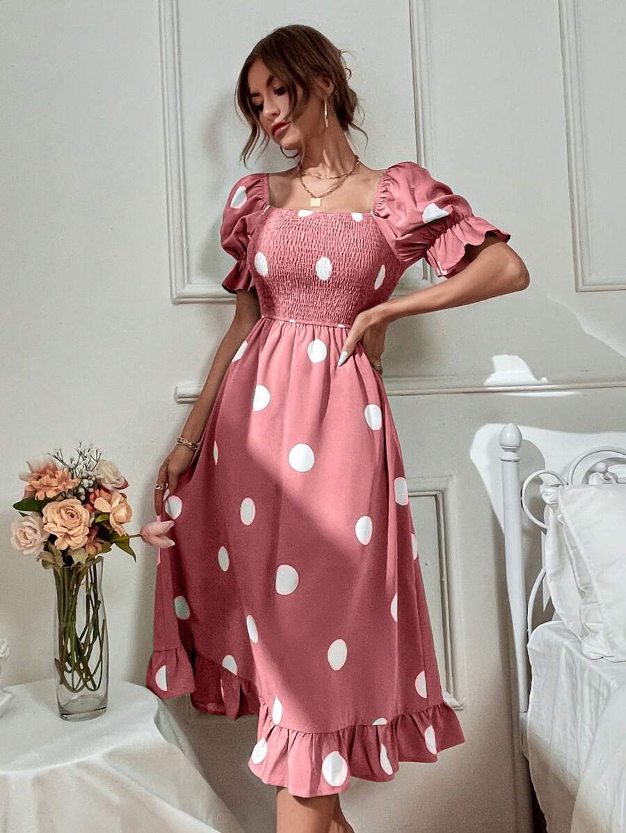 SHEIN Clasi Robe longue pour femme à encolure carrée, manches bouffantes, à volants et à imprimé pois