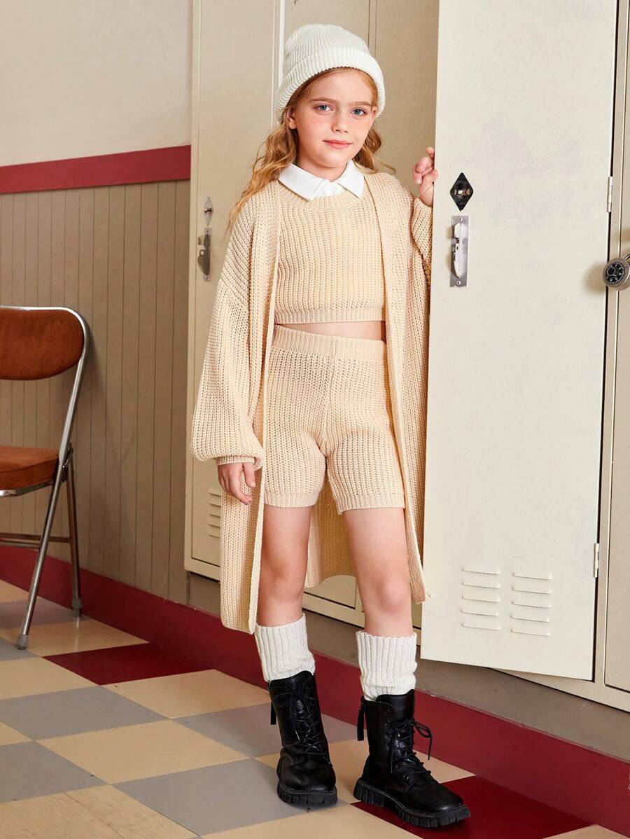 SHEIN Garota pré-adolescente Sólido Colete Suéter & Shorts De Malha & Ombro Caído Cardigans