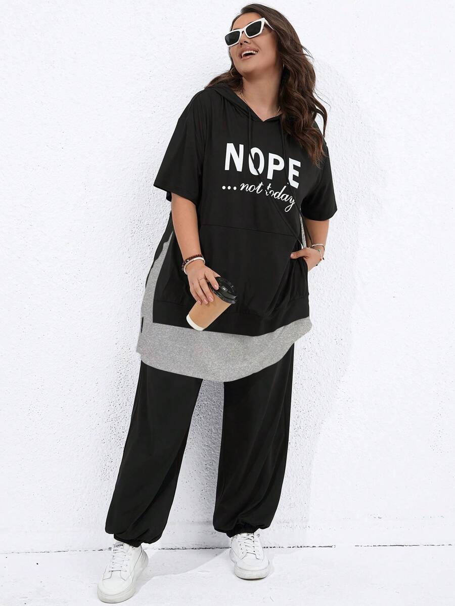 SHEIN LUNE Plus Letter Graphic Drop Shoulder Hoodie & Sweatpants For Summer