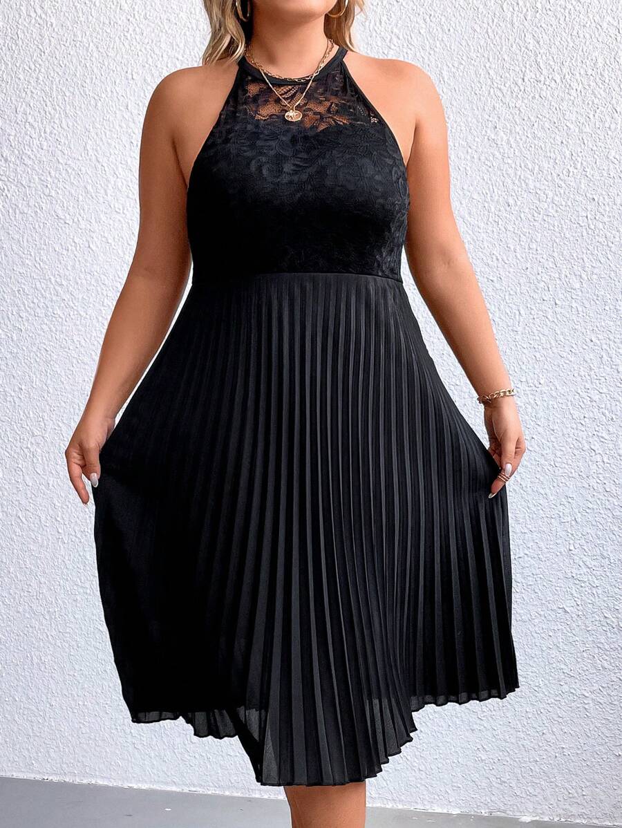 Celure Plus Contrast Lace Pleated Hem Halter Neck Dress
