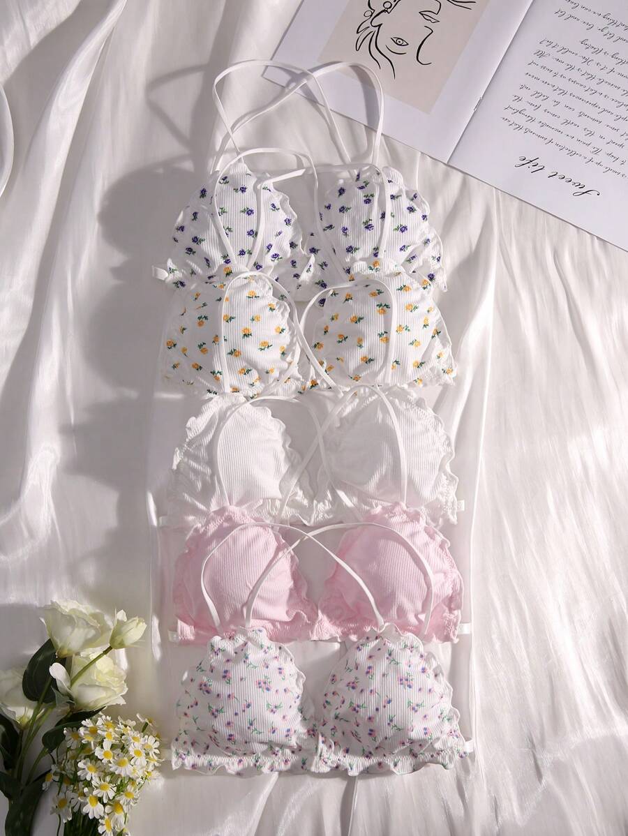 Eraneu paquete de 5 sujetadores de lencería con estampado floral y ribete de lechuga, kawaii